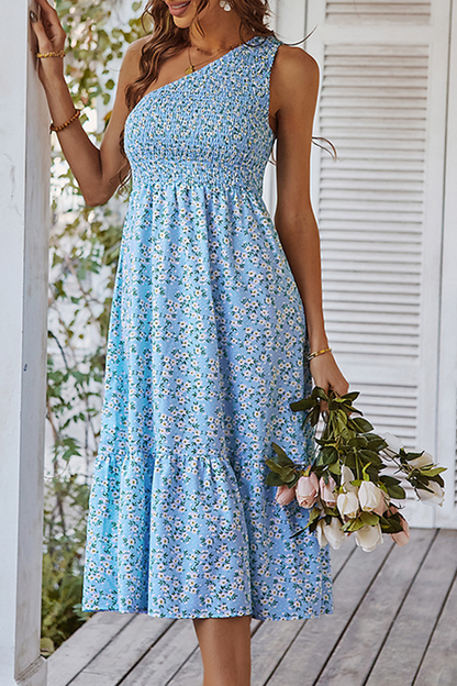 Print Patchwork One Shoulder Cake Skirt Dresses(4 Colors)