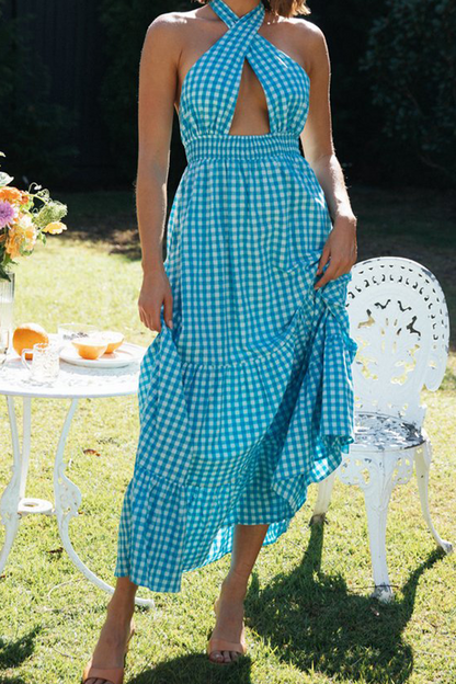 Plaid Hollowed Out Halter Cake Skirt Dresses