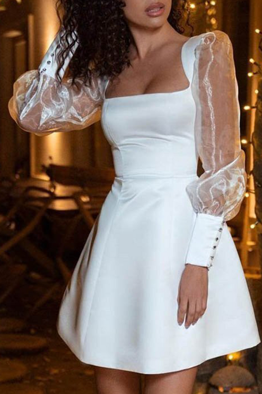 Split Joint Mesh Square Collar Cake Skirt Dresses(5 Colors)