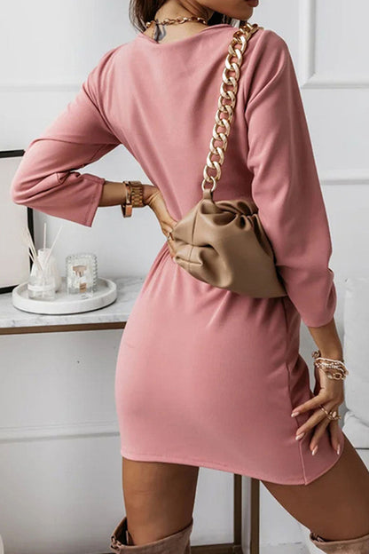 Patchwork Fold V Neck Pencil Skirt Dresses(4 Colors)