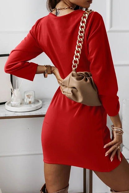 Patchwork Fold V Neck Pencil Skirt Dresses(4 Colors)