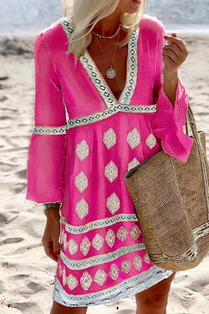 Print Patchwork V Neck Cake Skirt Dresses(4 Colors)