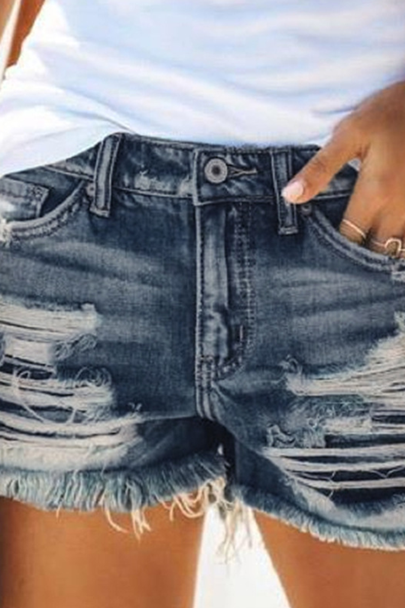Ripped Mid Waist Straight Denim Shorts