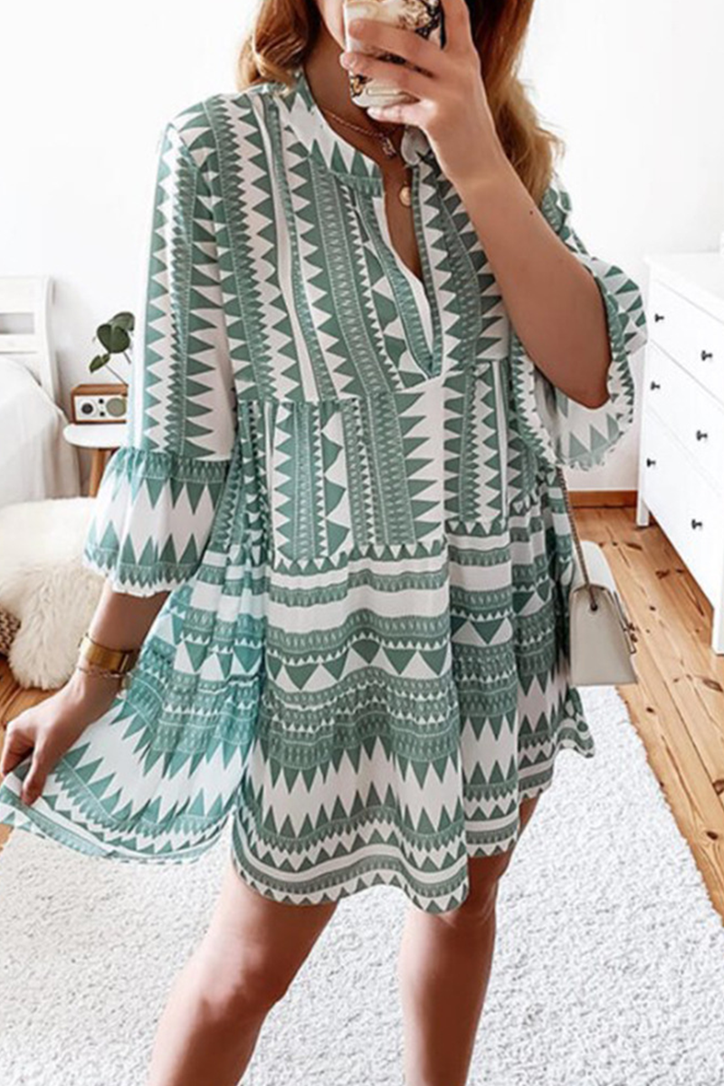 Print Patchwork V Neck Cake Skirt Dresses(4 Colors)