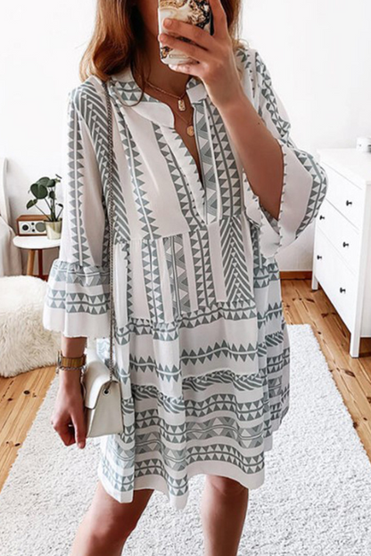 Print Patchwork V Neck Cake Skirt Dresses(4 Colors)