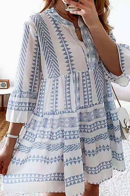 Print Patchwork V Neck Cake Skirt Dresses(4 Colors)