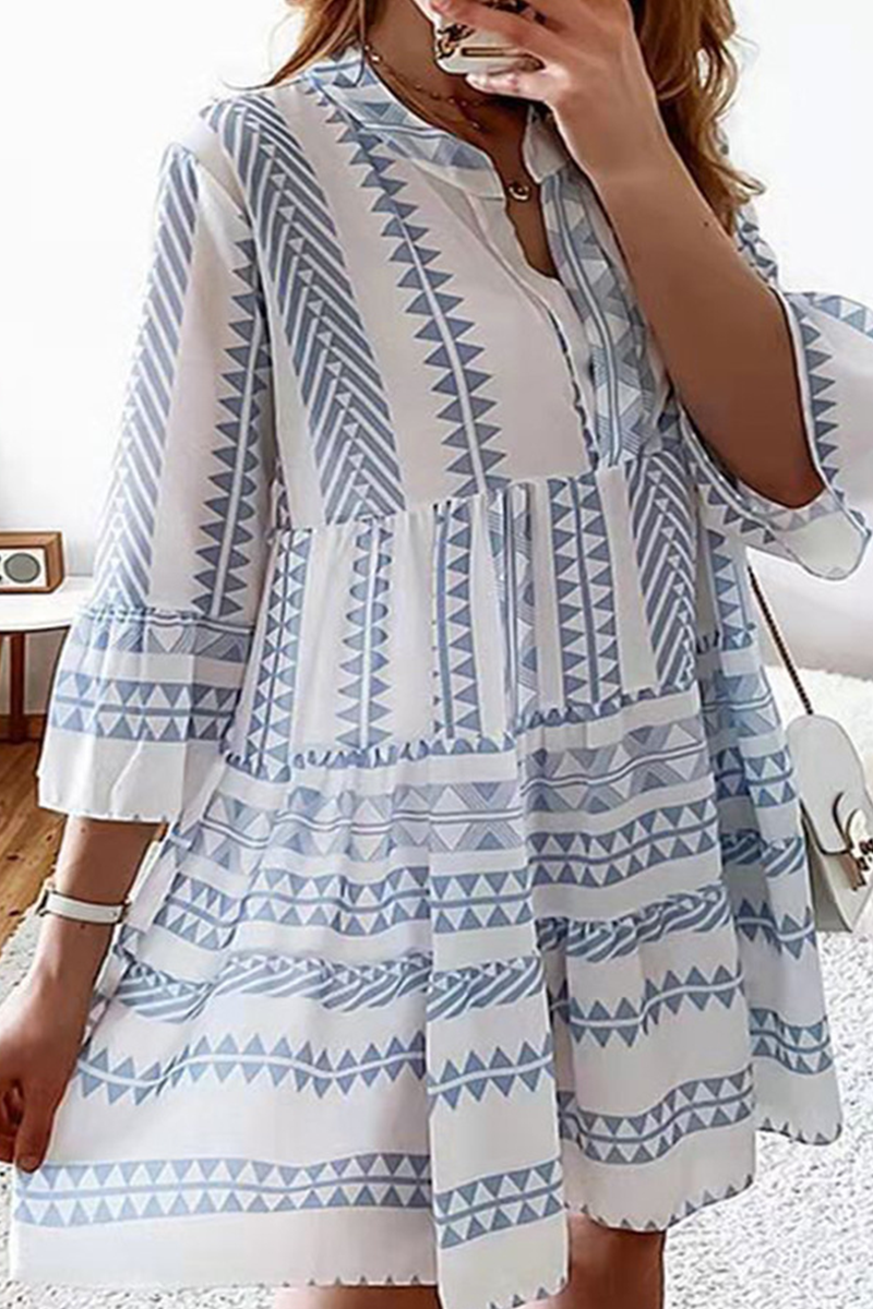 Print Patchwork V Neck Cake Skirt Dresses(4 Colors)