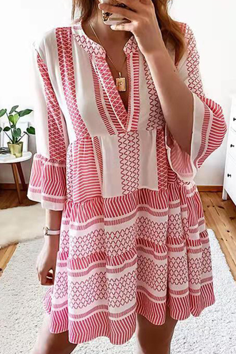 Print Split Joint V Neck Cake Skirt Dresses(4 Colors)