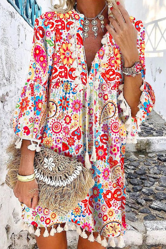 Print Tassel V Neck Cake Skirt Dresses(3 Colors)