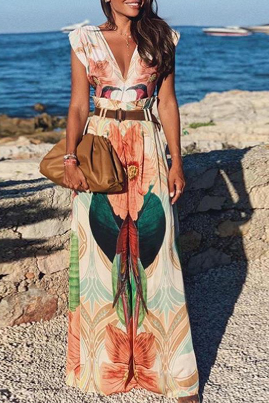 Print Patchwork V Neck Straight Jumpsuits