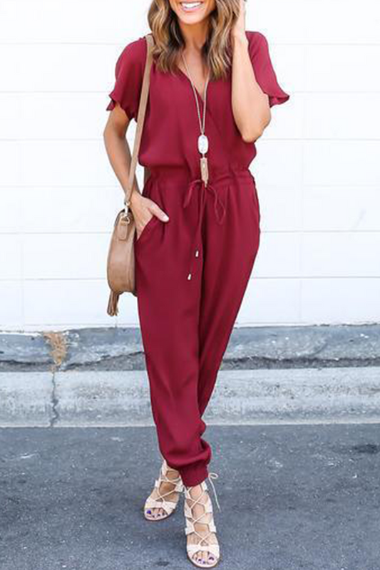 Patchwork V Neck Straight Jumpsuits(3 Colors)
