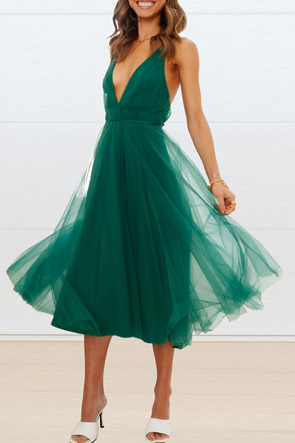 Mesh V Neck Cake Skirt Dresses(4 Colors)