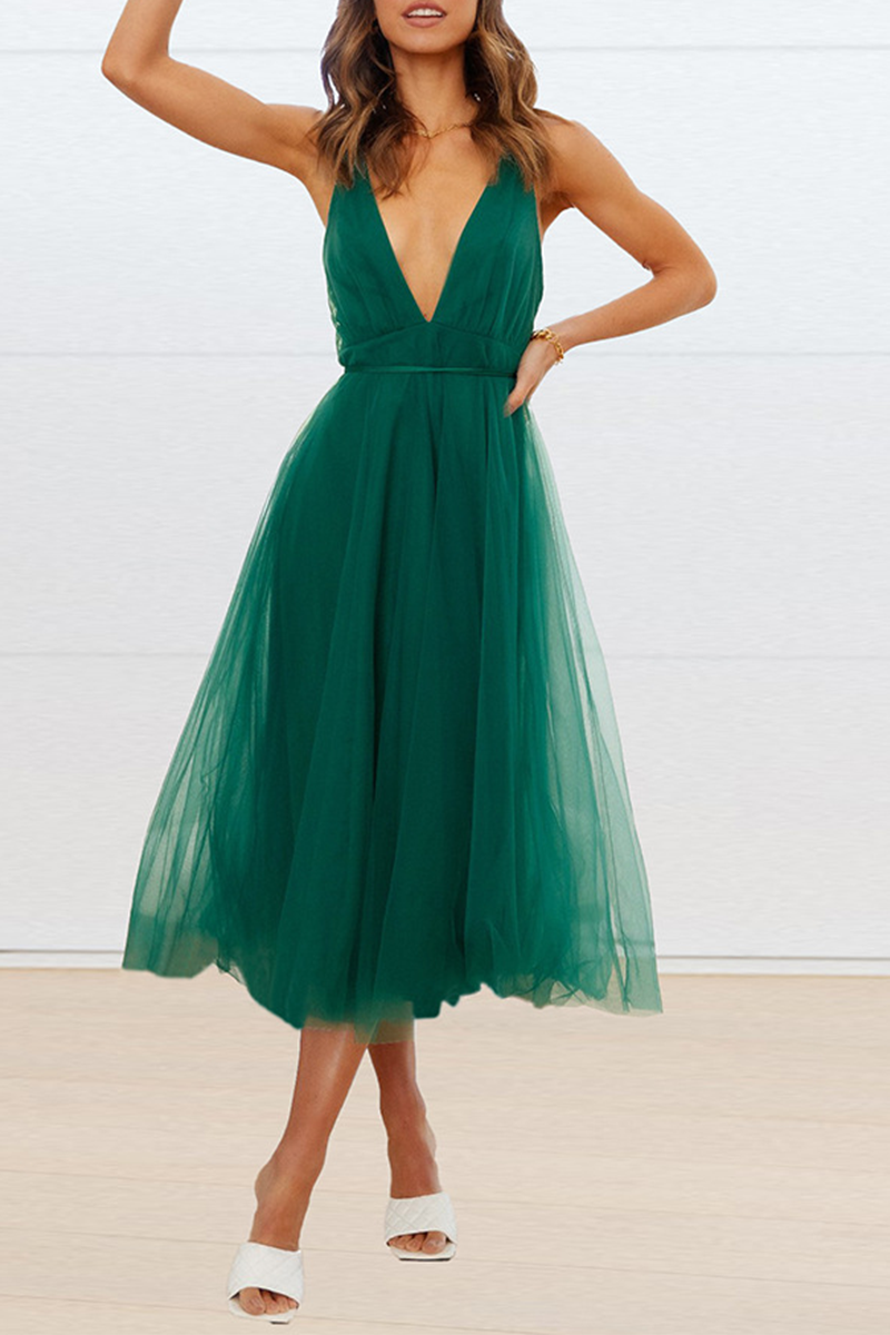Mesh V Neck Cake Skirt Dresses(4 Colors)