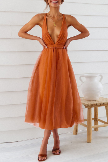 Mesh V Neck Cake Skirt Dresses(4 Colors)