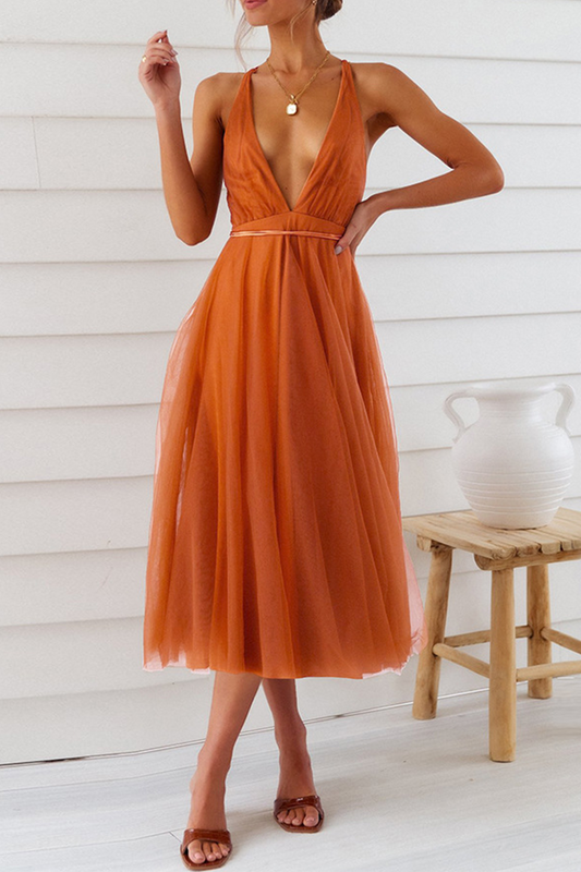Mesh V Neck Cake Skirt Dresses(4 Colors)