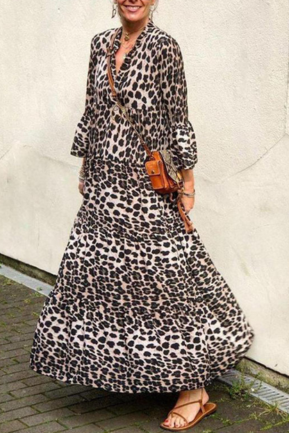 Leopard Patchwork V Neck Cake Skirt Dresses