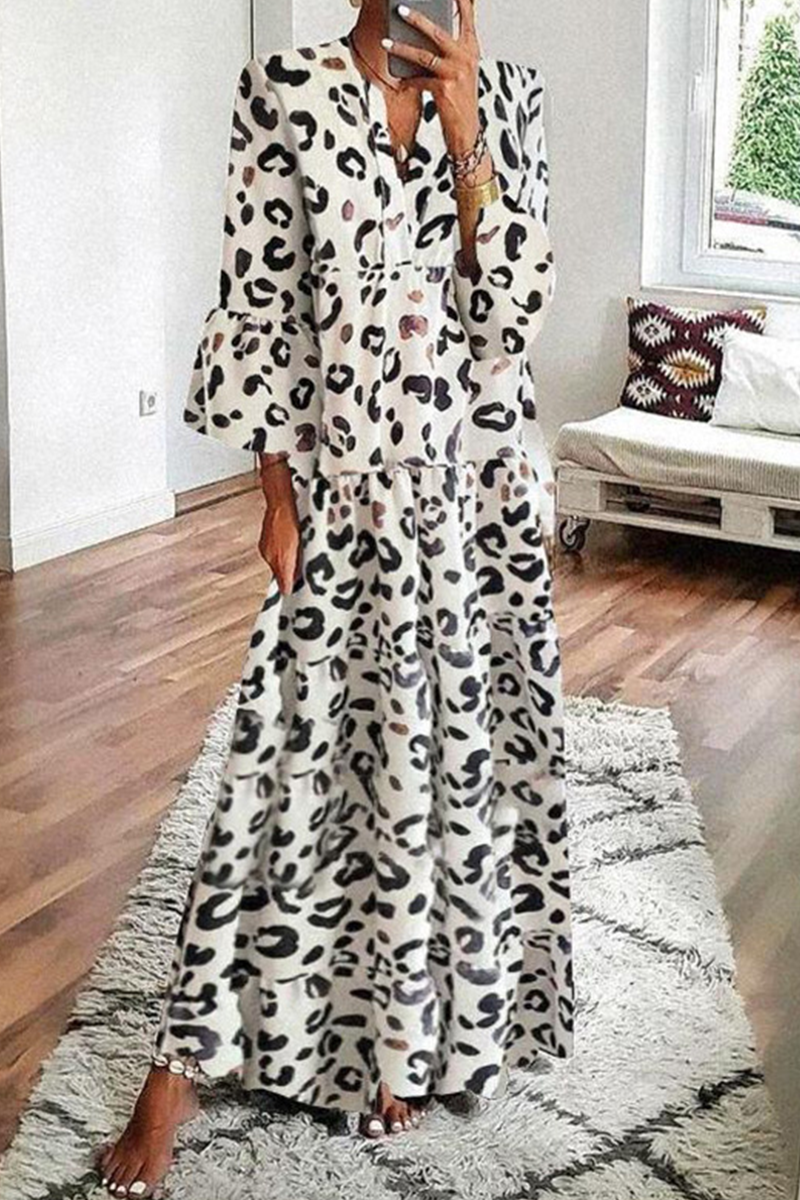 Leopard Patchwork V Neck Cake Skirt Dresses