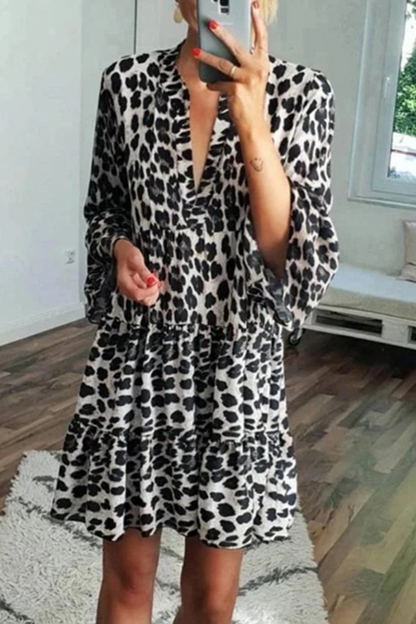 Leopard Patchwork V Neck Cake Skirt Dresses(4 Colors)