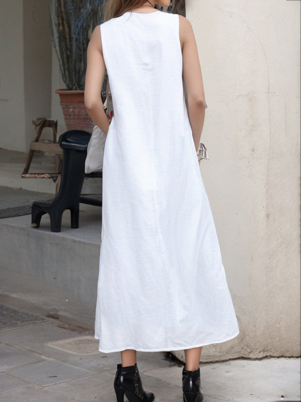 Loose Sleeveless Color Split-side Mock Neck Maxi Dresses