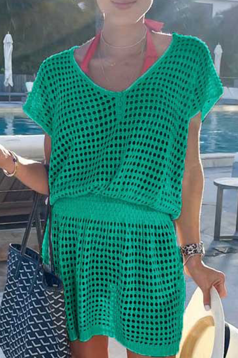 Mesh V Neck Waist Skirt Dresses(5 Colors)