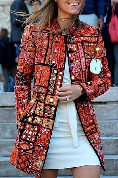 Print Patchwork Cardigan Collar Outerwear