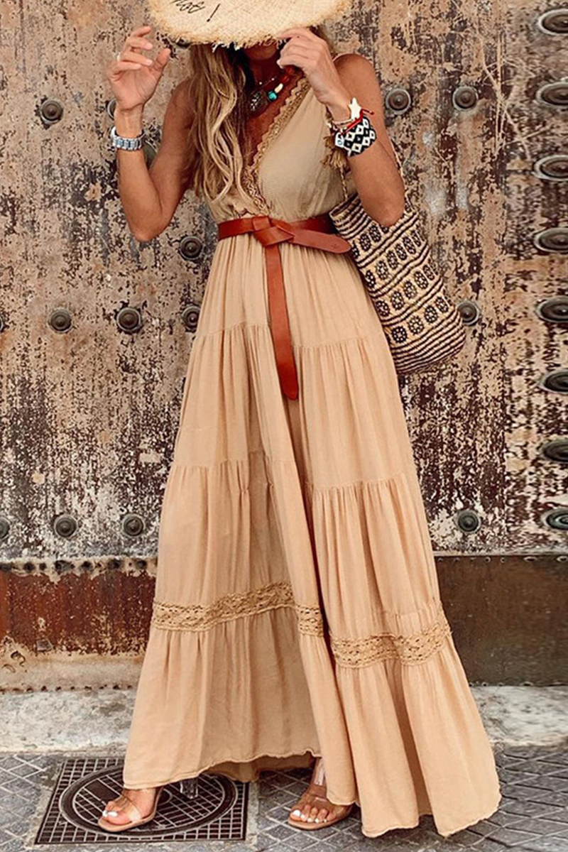 Patchwork V Neck Cake Skirt Dresses