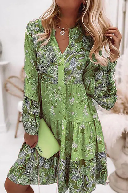 Print Patchwork V Neck Cake Skirt Dresses(3 Colors)