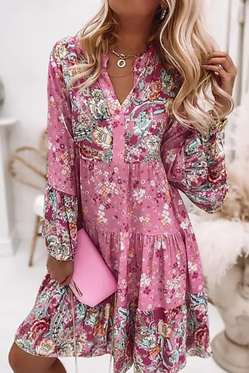 Print Patchwork V Neck Cake Skirt Dresses(3 Colors)