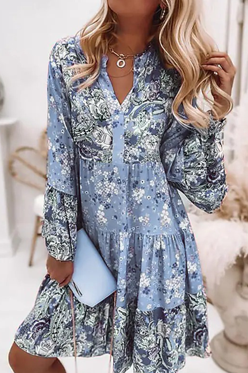 Print Patchwork V Neck Cake Skirt Dresses(3 Colors)