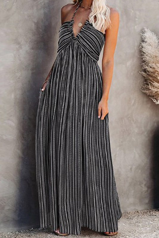 Striped Split Joint Halter Cake Skirt Dresses