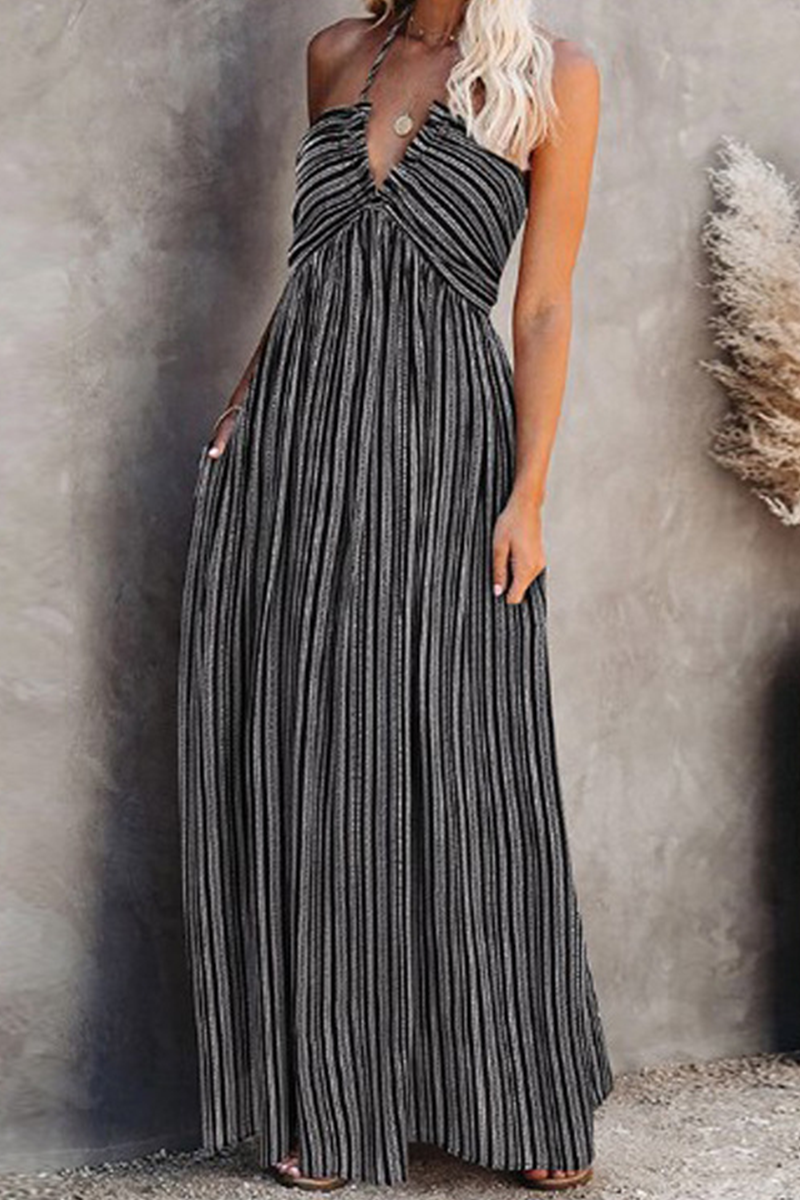Striped Split Joint Halter Cake Skirt Dresses