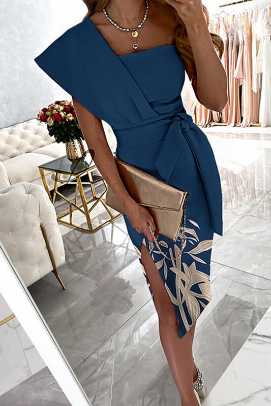 Print Patchwork One Shoulder Pencil Skirt Dresses(4 Colors)