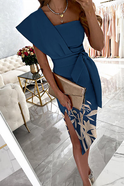 Print Patchwork One Shoulder Pencil Skirt Dresses(4 Colors)