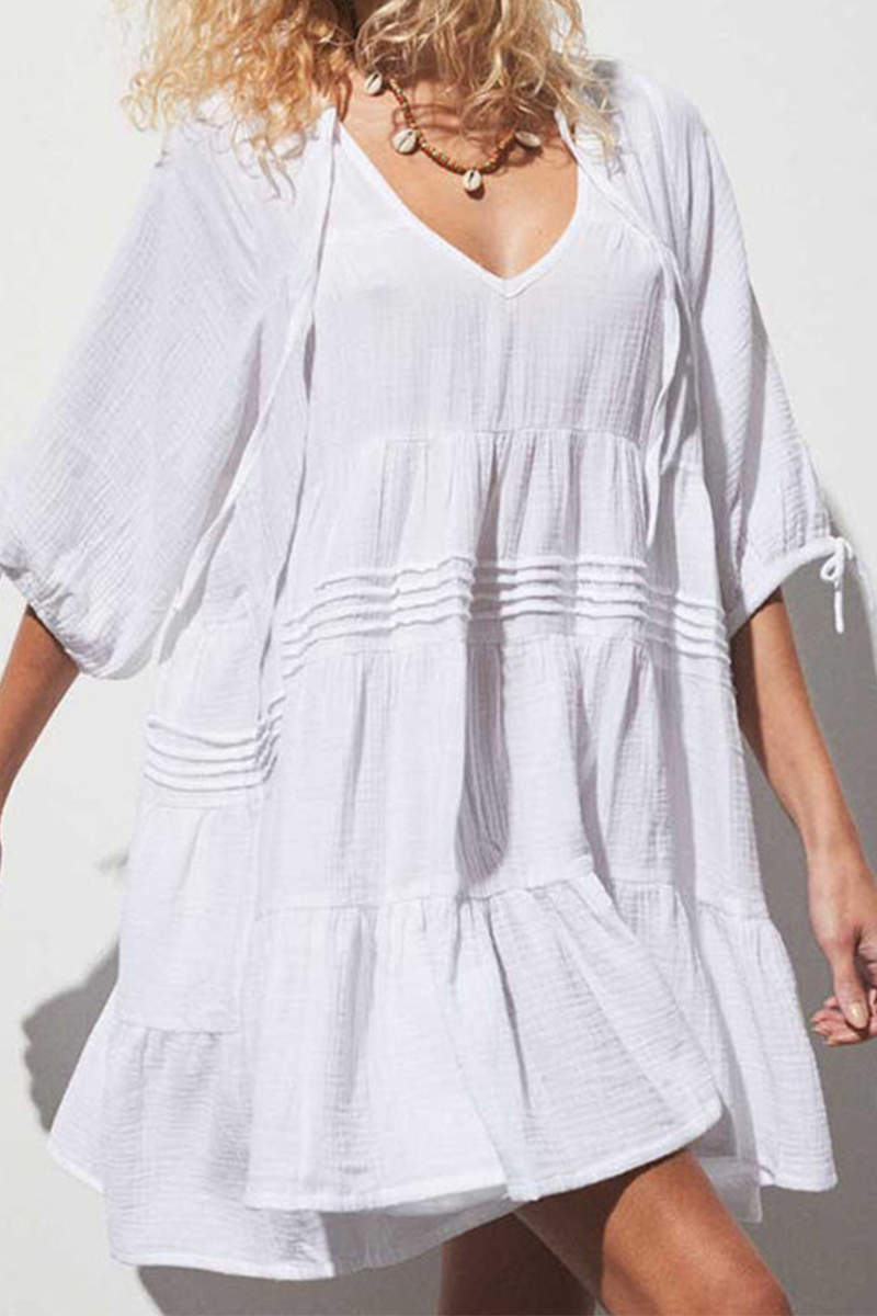 Draw String V Neck Cake Skirt Dresses