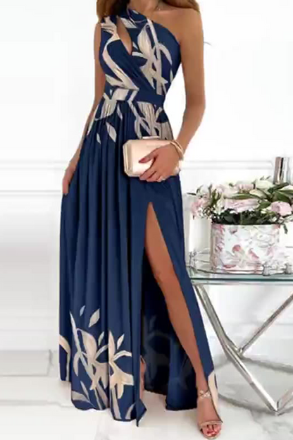 Patchwork Slit One Shoulder Waist Skirt Dresses(10 Colors)