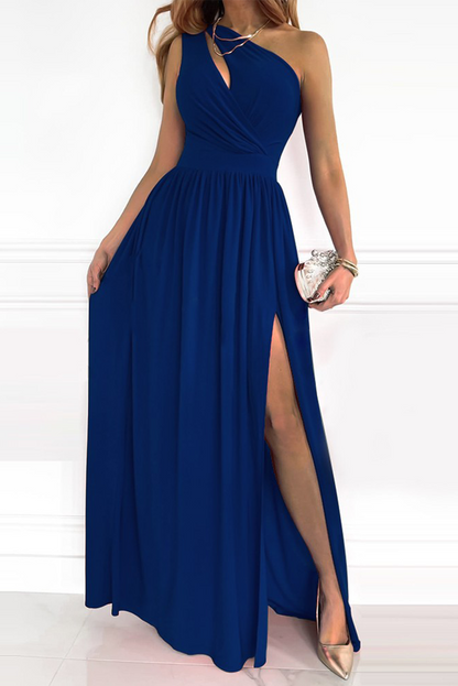 Patchwork Slit One Shoulder Waist Skirt Dresses(10 Colors)