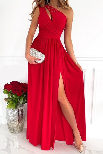 Patchwork Slit One Shoulder Waist Skirt Dresses(10 Colors)