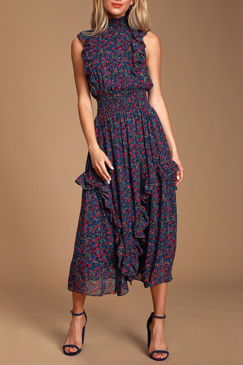 Print Flounce Half a Turtleneck Waist Skirt Dresses