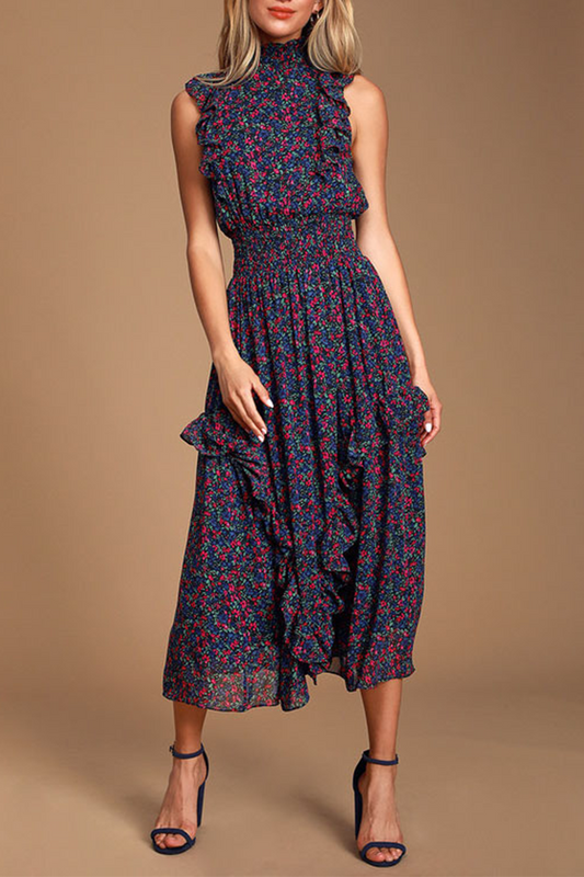 Print Flounce Half a Turtleneck Waist Skirt Dresses