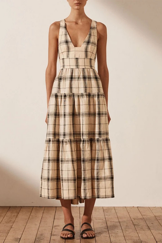 Plaid Patchwork V Neck Waist Skirt Dresses