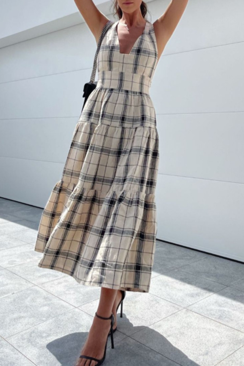 Plaid Patchwork V Neck Waist Skirt Dresses
