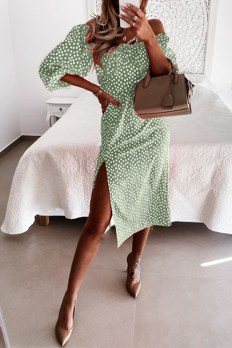 Print Split Joint Off the Shoulder Waist Skirt Dresses