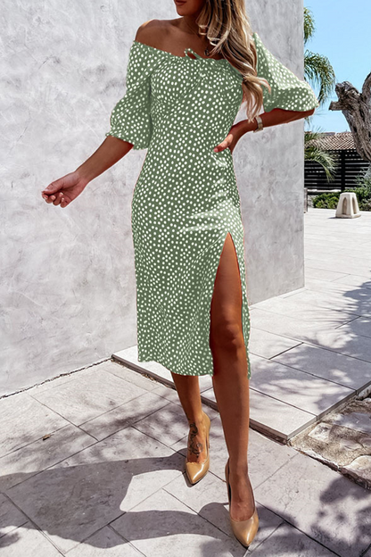Print Split Joint Off the Shoulder Waist Skirt Dresses