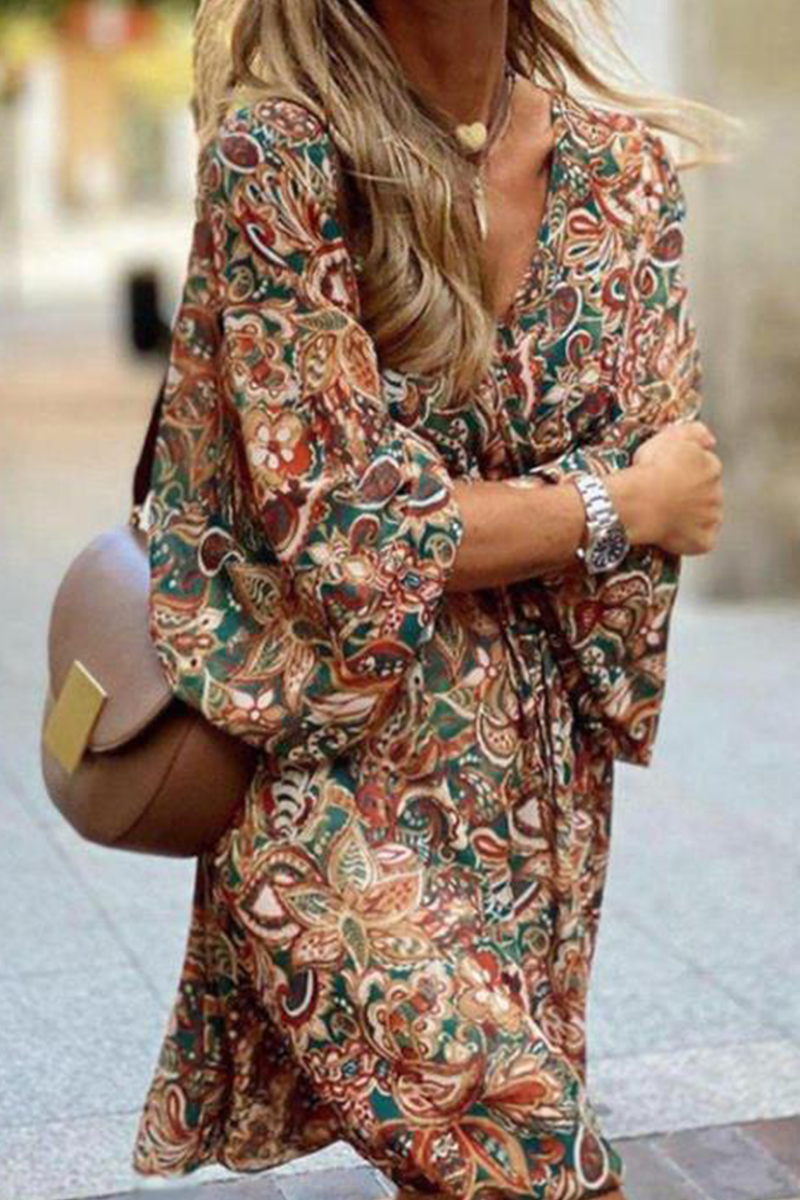Print Split Joint V Neck Waist Skirt Dresses