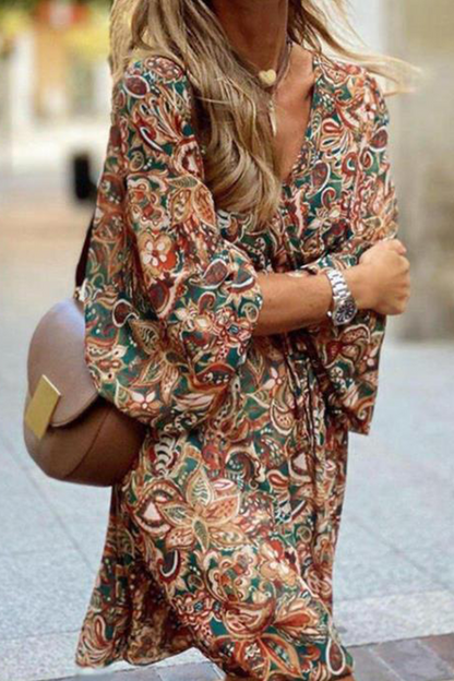 Print Split Joint V Neck Waist Skirt Dresses