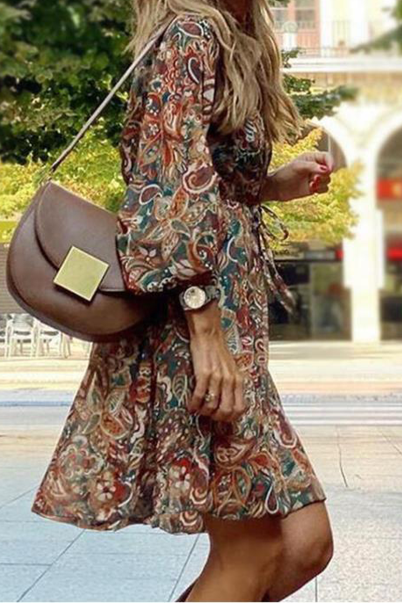 Print Split Joint V Neck Waist Skirt Dresses