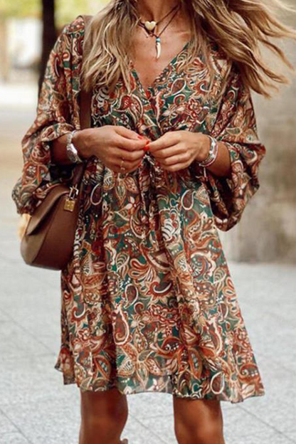 Print Split Joint V Neck Waist Skirt Dresses