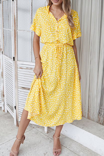 Print Split Joint Turndown Collar Waist Skirt Dresses(8 Colors)