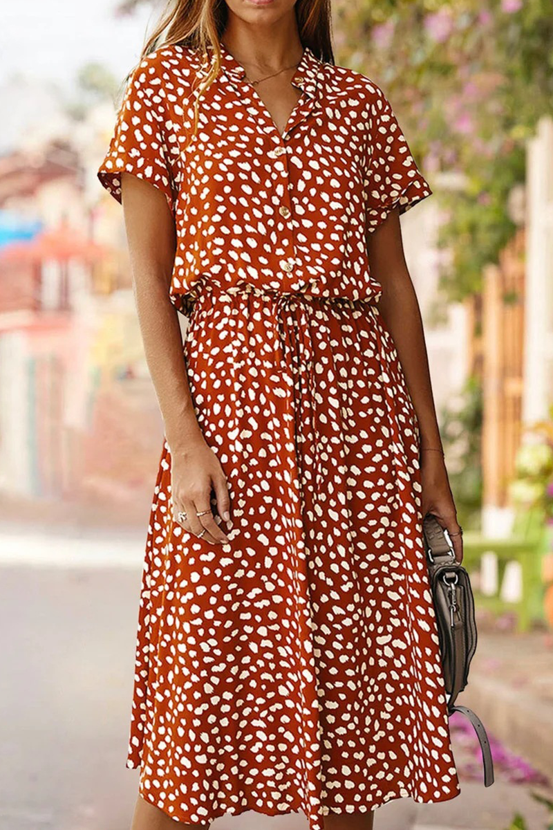 Print Split Joint Turndown Collar Waist Skirt Dresses(8 Colors)