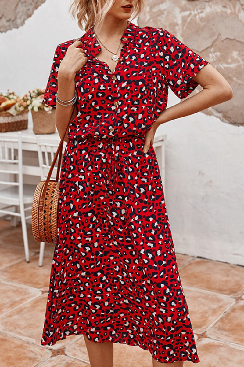 Print Split Joint Turndown Collar Waist Skirt Dresses(8 Colors)